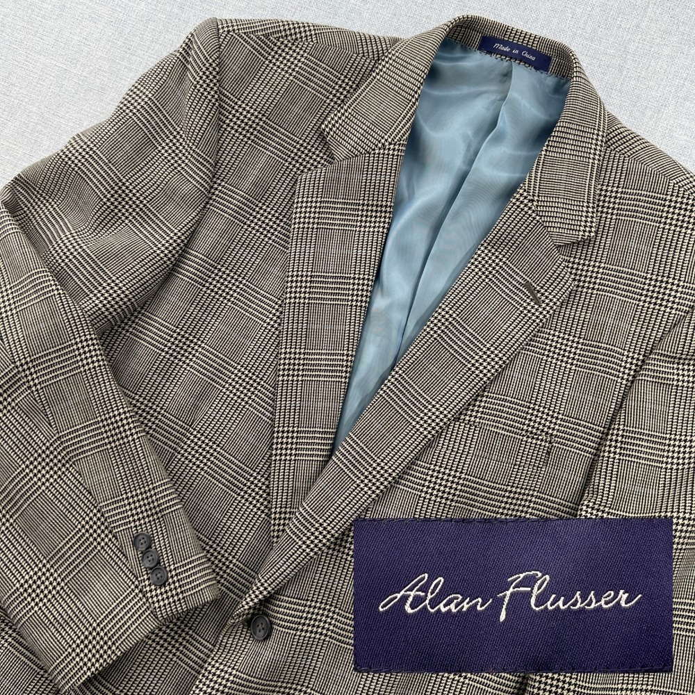 Alan Flusser Wool Glen Plaid Blazer Men 44R Black Cream Ivy Preppy Academia
